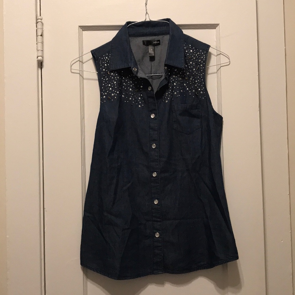 Aqua chambray studded top